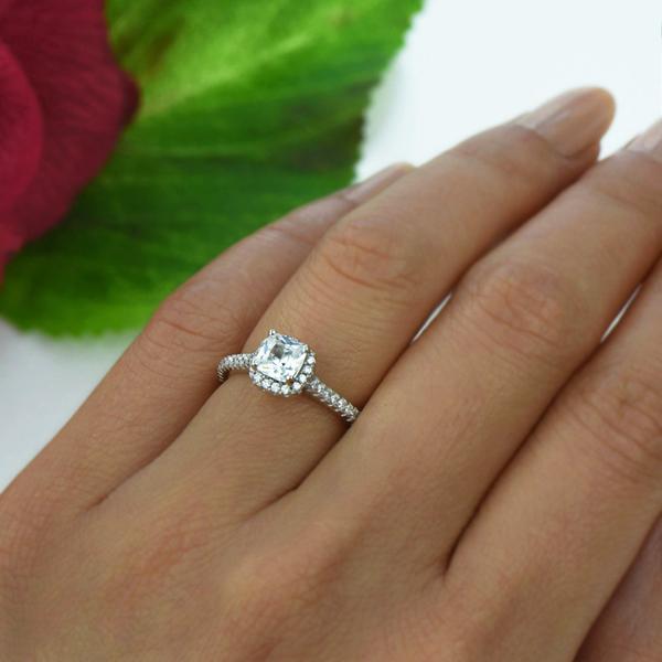 1 Carat Princess Halo Engagement Ring in White Gold over Sterling Silver