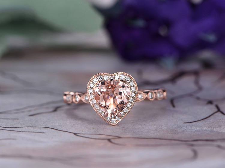 Antique 1.25 Carat Heart Shape Morganite and Diamond Engagement Ring in Rose Gold