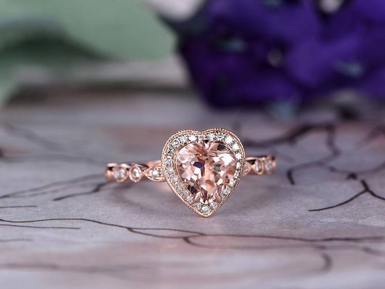 Antique 1.25 Carat Heart Shape Morganite and Diamond Engagement Ring in Rose Gold