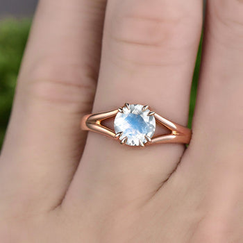1 Carat Round Cut Blue Moonstone Split Shank Engagement Ring in Rose Gold