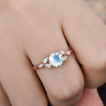 Leaf Design 1.25 Carat Round Cut Blue Moonstone and Diamond Vintage Engagement Ring in Rose Gold