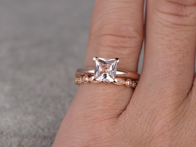 Limited Time Sale 1.25 Carat Solitaire Princess Cut Morganite and Diamond Wedding Ring Set with Art Deco Wedding Band in Rose Gold