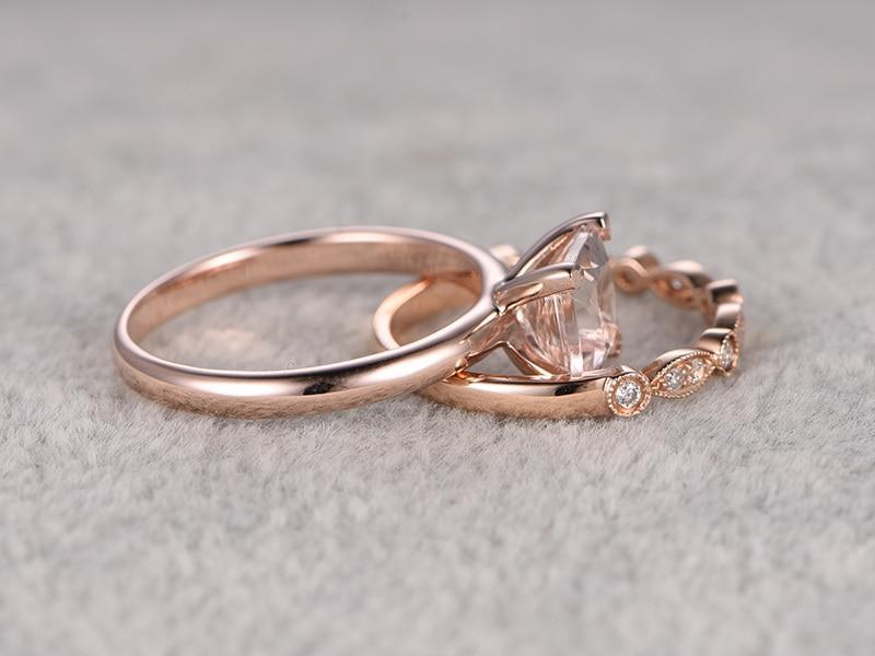 Limited Time Sale 1.25 Carat Solitaire Princess Cut Morganite and Diamond Wedding Ring Set with Art Deco Wedding Band in Rose Gold