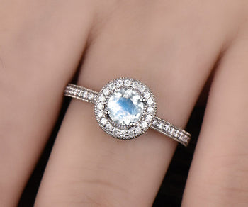 Channel Setting 1.50 Carat Round Cut Blue Moonstone and Diamond Halo Engagement Ring in White Gold