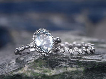 Bestselling 1.50 Carat Oval Cut Aquamarine and Diamond Halo Arting Ring Set in Rose Deco Wedd Gold