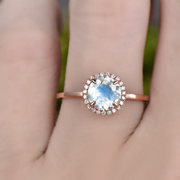 Classic 1.25 Carat Round Cut Blue Moonstone and Diamond Halo Engagement Ring in Rose Gold