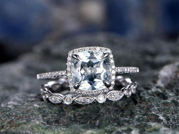Beautiful 1.50 Carat Princess Cut Aquamarine and Diamond Halo Art Deco Wedding Ring Set in Rose Gold