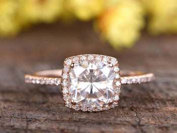 1.5 Carat Cushion Cut Moissanite and Diamond Engagement Ring in Rose Gold