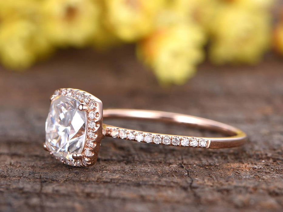 1.5 Carat Cushion Cut Moissanite and Diamond Engagement Ring in Rose Gold