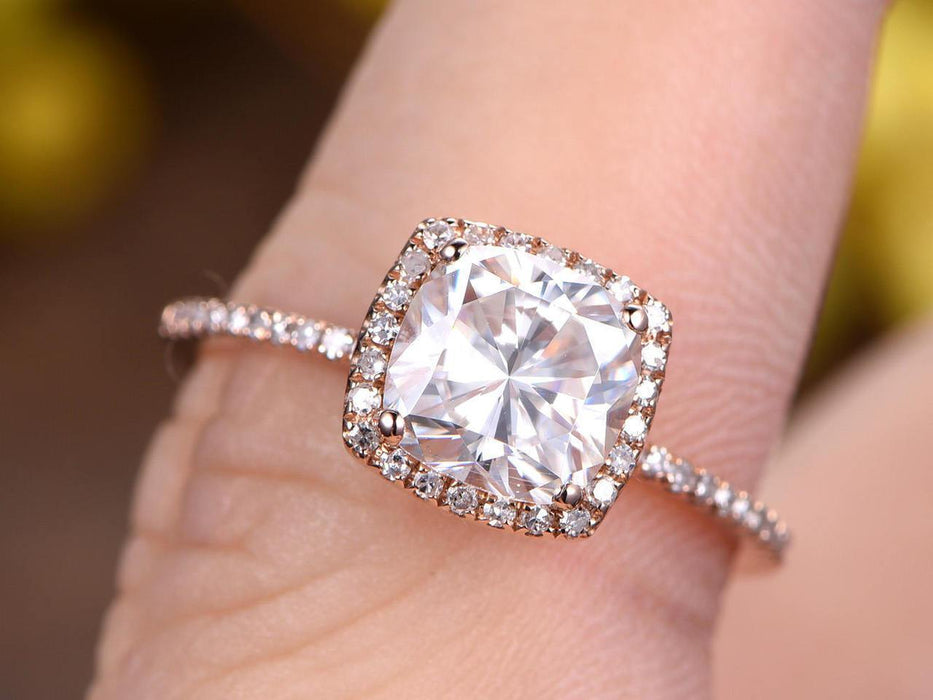 1.5 Carat Cushion Cut Moissanite and Diamond Engagement Ring in Rose Gold
