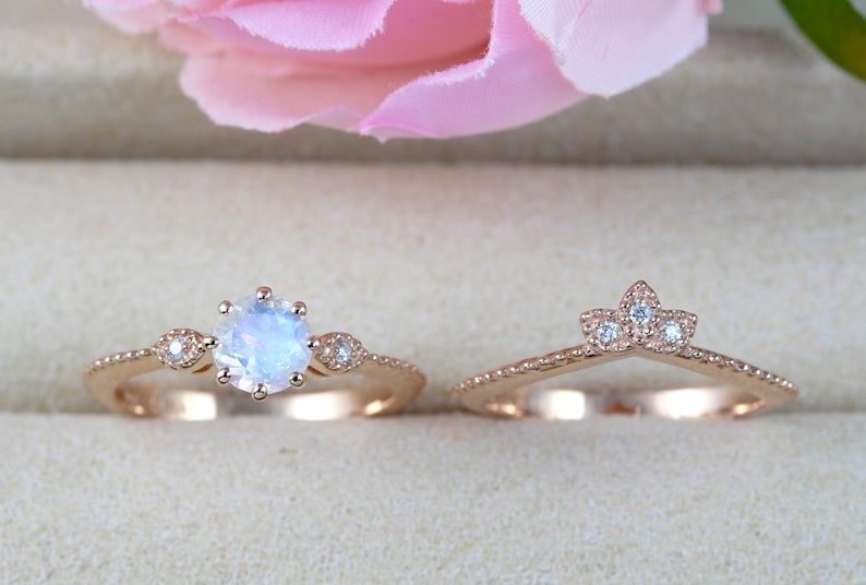 Antique 1.50 Carat Round Cut Rainbow Moonstone and Diamond Vintage Wedding Set with Crown Band in Rose Gold