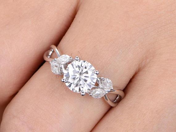 Antique Flower Design 1.25 Carat Round Cut Moissanite and Diamond Engagement Ring in White Gold