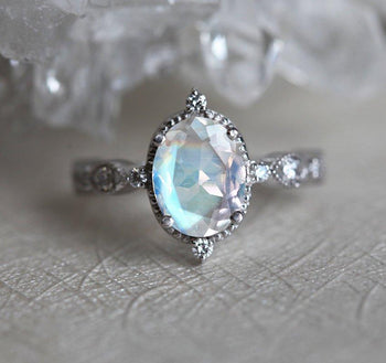 Art Deco 1.25 Carat Oval Cut Rainbow Moonstone and Diamond Vintage Engagement Ring in White Gold