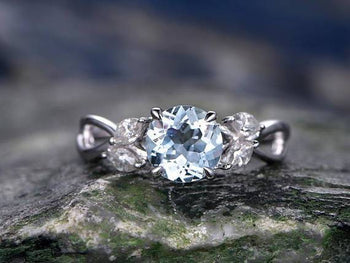 Five Stone Classic Leaves Round Cut Aquamarine and Diamond Engagement Ring in White Gold