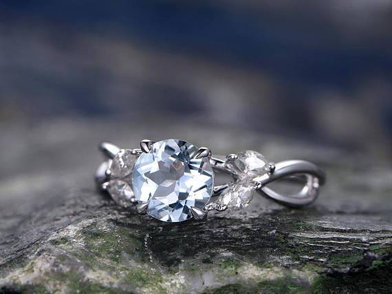 Five Stone Classic Leaves Round Cut Aquamarine and Diamond Engagement Ring in White Gold