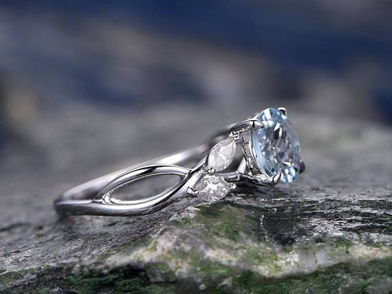 Five Stone Classic Leaves Round Cut Aquamarine and Diamond Engagement Ring in White Gold