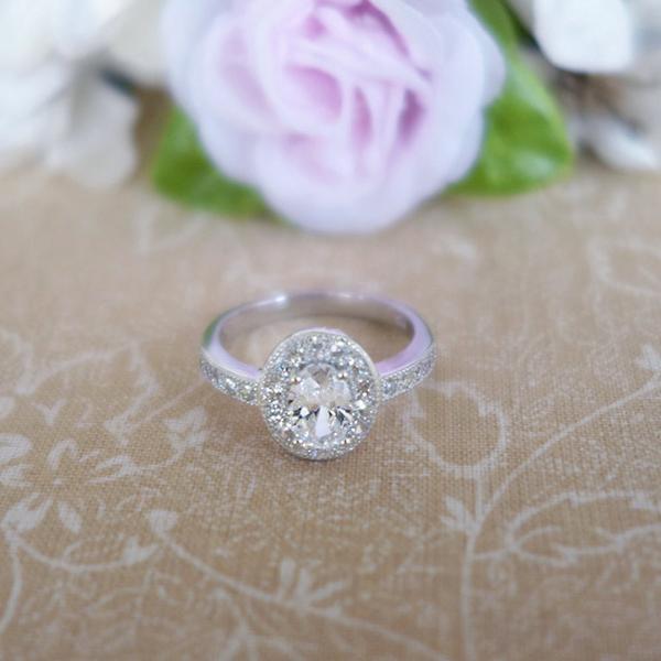 Final Sale: 1 Carat Oval Halo Gatsby Engagement Ring in White Gold over Sterling Silver