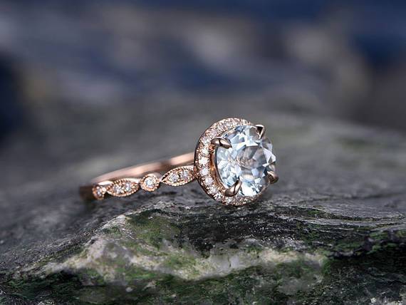 Bestselling 1.25 Carat Round Cut Aquamarine and Diamond Engagement Ring in Rose Gold
