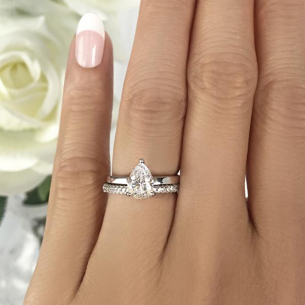 1.25 Carat Pear Cut Solitaire Bridal Ring Set in White Gold over Sterling Silver