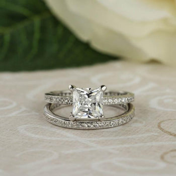 1.5 Carat Princess Cut Eternity Bridal Ring Set in White Gold over Sterling Silver