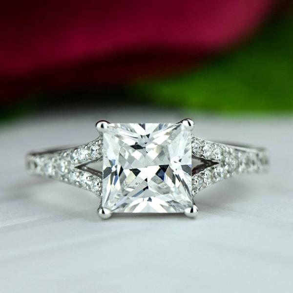 2.5 Carat Princess Cut Split Shank Engagement Ring in White Gold Over Sterling Silve