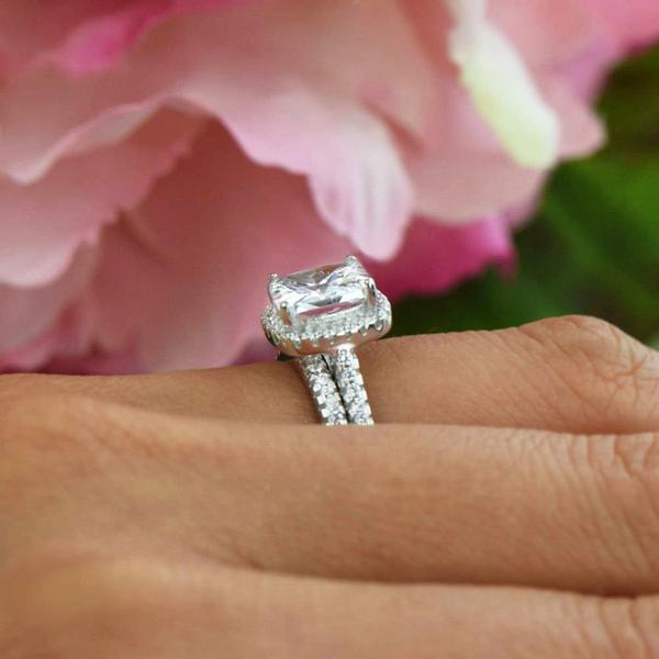 3.25 Carat Princess Cut Halo Bridal Ring Set in Whte Gold over sterling Silver
