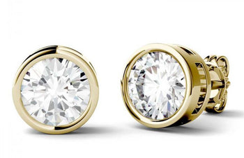 Bezel 2 Carat Round Cut Moissanite Stud Earrings in Yellow Gold