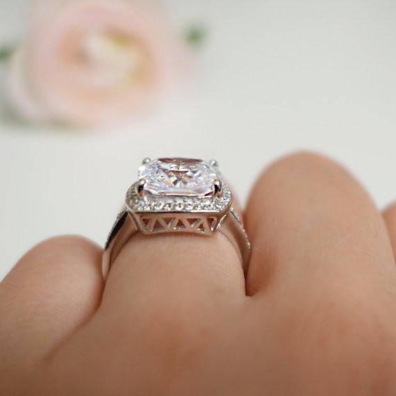 Final Sale 5 Carat Cushion Cut Halo Engagement Ring in White Gold over Sterling Silver