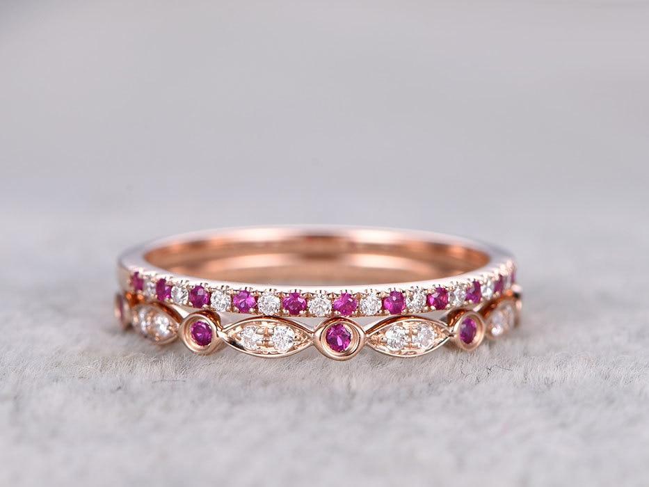 Pair of .50 Carat Round cut Ruby Diamond Wedding Ring Band Art Deco in Rose Gold