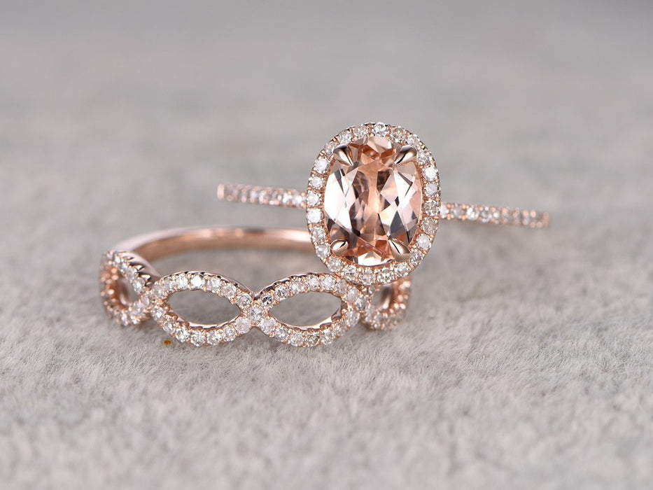 2 Carat Oval Cut Morganite and Diamond Infinity Design Wedding Ring Set in Rose Gold