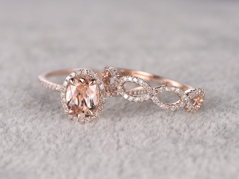 2 Carat Oval Cut Morganite and Diamond Infinity Design Wedding Ring Set in Rose Gold