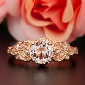 Vintage 1.25 Carat Round Cut Peach Morganite and Diamond Engagement Ring in Rose Gold Affordable Ring