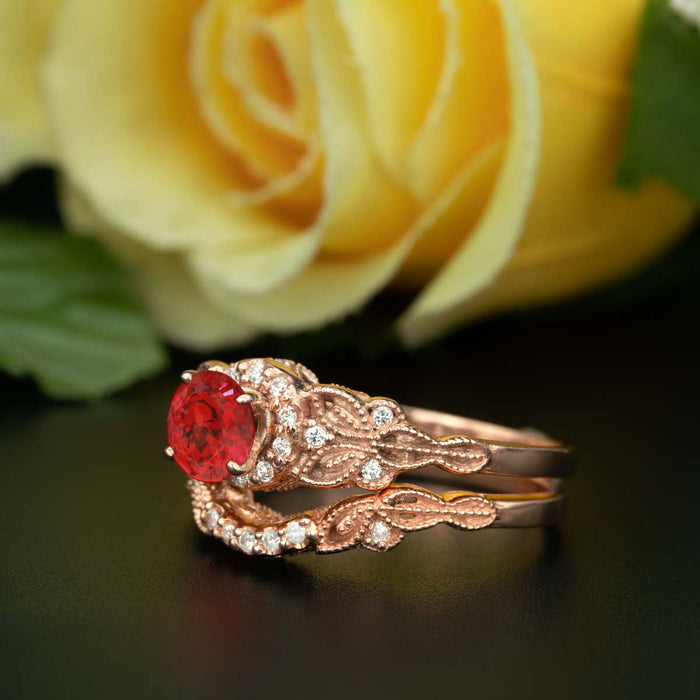 Glamorous 1.5 Carat Round Cut Ruby and Diamond Wedding Ring Set in 9k Rose Gold
