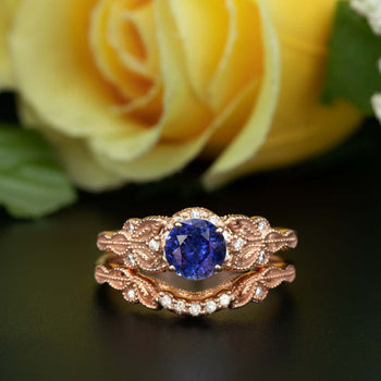Glamorous 1.50 Carat Round Cut Sapphire and Diamond Wedding Ring Set in Rose Gold