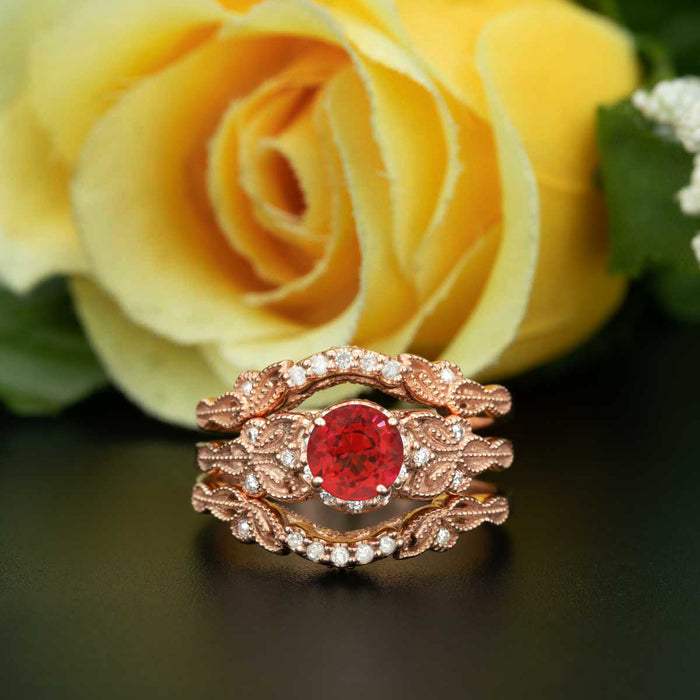 Glamorous 2 Carat Round Cut Ruby and Diamond Trio Wedding Ring Set in 9k Rose Gold