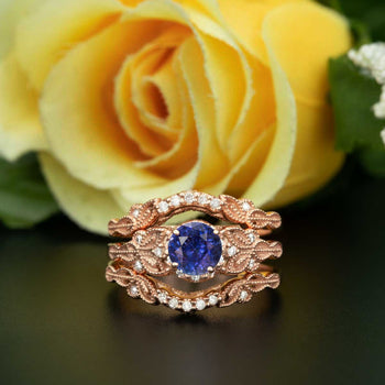 Glamorous 2 Carat Round Cut Sapphire and Diamond Trio Wedding Ring Set in Rose Gold