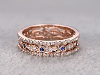 1 Carat Round cut Sapphire and Diamond trio Wedding Ring Bands in Rose Gold