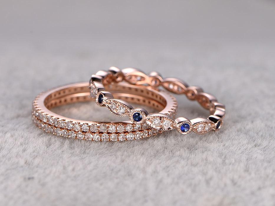 1 Carat Round cut Sapphire and Diamond trio Wedding Ring Bands in Rose Gold