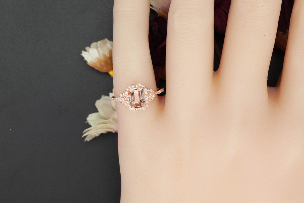 Elegant 1.25 Carat Emerald Cut Peach Morganite and Diamond Engagement Ring in Rose Gold for Women