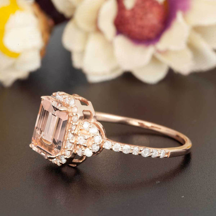Elegant 1.25 Carat Emerald Cut Peach Morganite and Diamond Engagement Ring in Rose Gold for Women