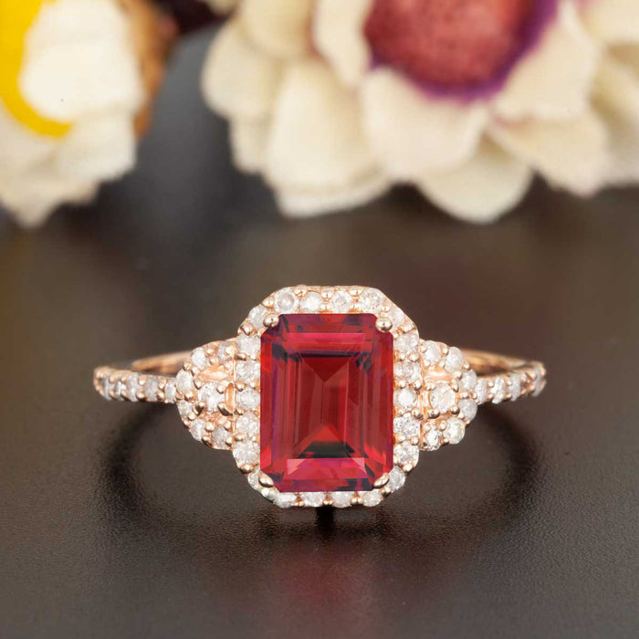 1.25 Carat Emerald Cut Ruby and Diamond Engagement Ring in 9k Rose Gold Dazzling Ring