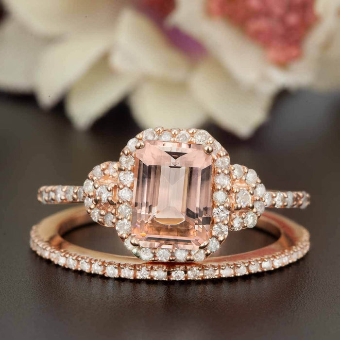 Flawless 1.50 Carat Emerald Cut Peach Morganite and Diamond Wedding Ring Set in Rose Gold Hand Made