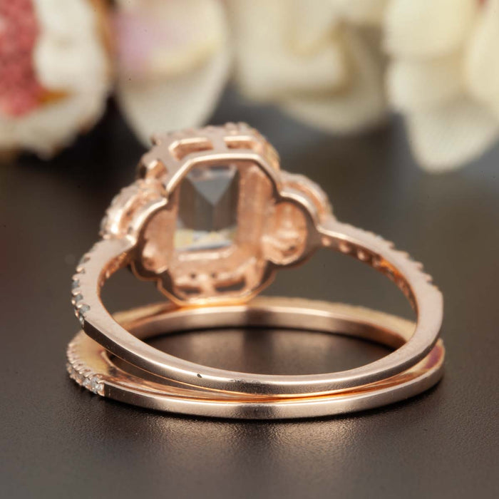 1.5 Carat Emerald Cut Black Diamond and Diamond Wedding Ring Set in 9k Rose Gold Dazzling Ring