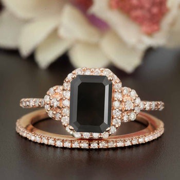 1.5 Carat Emerald Cut Black Diamond and Diamond Wedding Ring Set in 9k Rose Gold Dazzling Ring