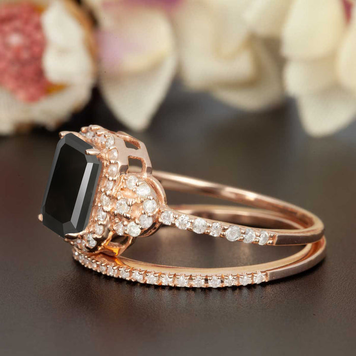 1.5 Carat Emerald Cut Black Diamond and Diamond Wedding Ring Set in 9k Rose Gold Dazzling Ring