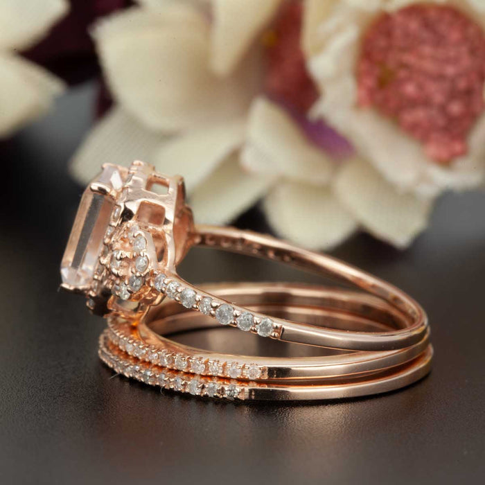 2 Carat Emerald Cut Ruby and Diamond Trio Wedding Ring Set in 9k Rose Gold Dazzling Ring