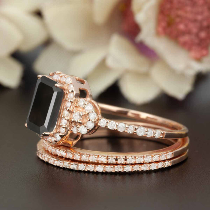 2 Carat Emerald Cut Black Diamond and Diamond Trio Wedding Ring Set in Rose Gold Dazzling Ring