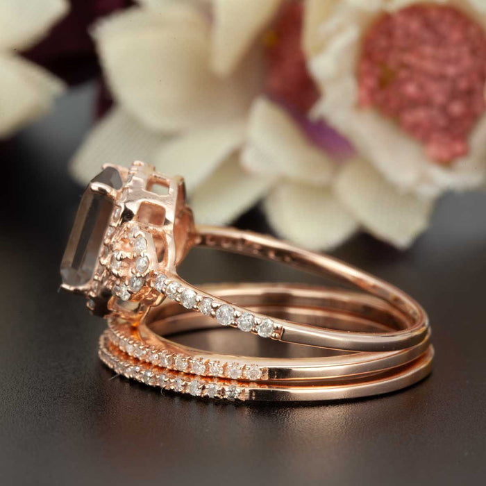 2 Carat Emerald Cut Black Diamond and Diamond Trio Wedding Ring Set in Rose Gold Dazzling Ring