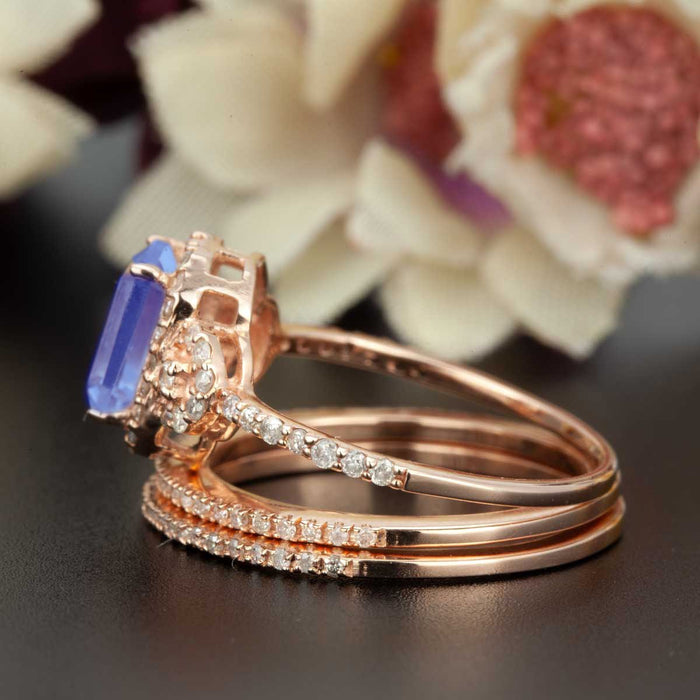 2 Carat Emerald Cut Sapphire and Diamond Trio Wedding Ring Set in Rose Gold Dazzling Ring