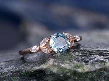 Antique Flower Design 1.25 Carat Round Cut Aquamarine and Diamond Engagement Ring in Rose Gold